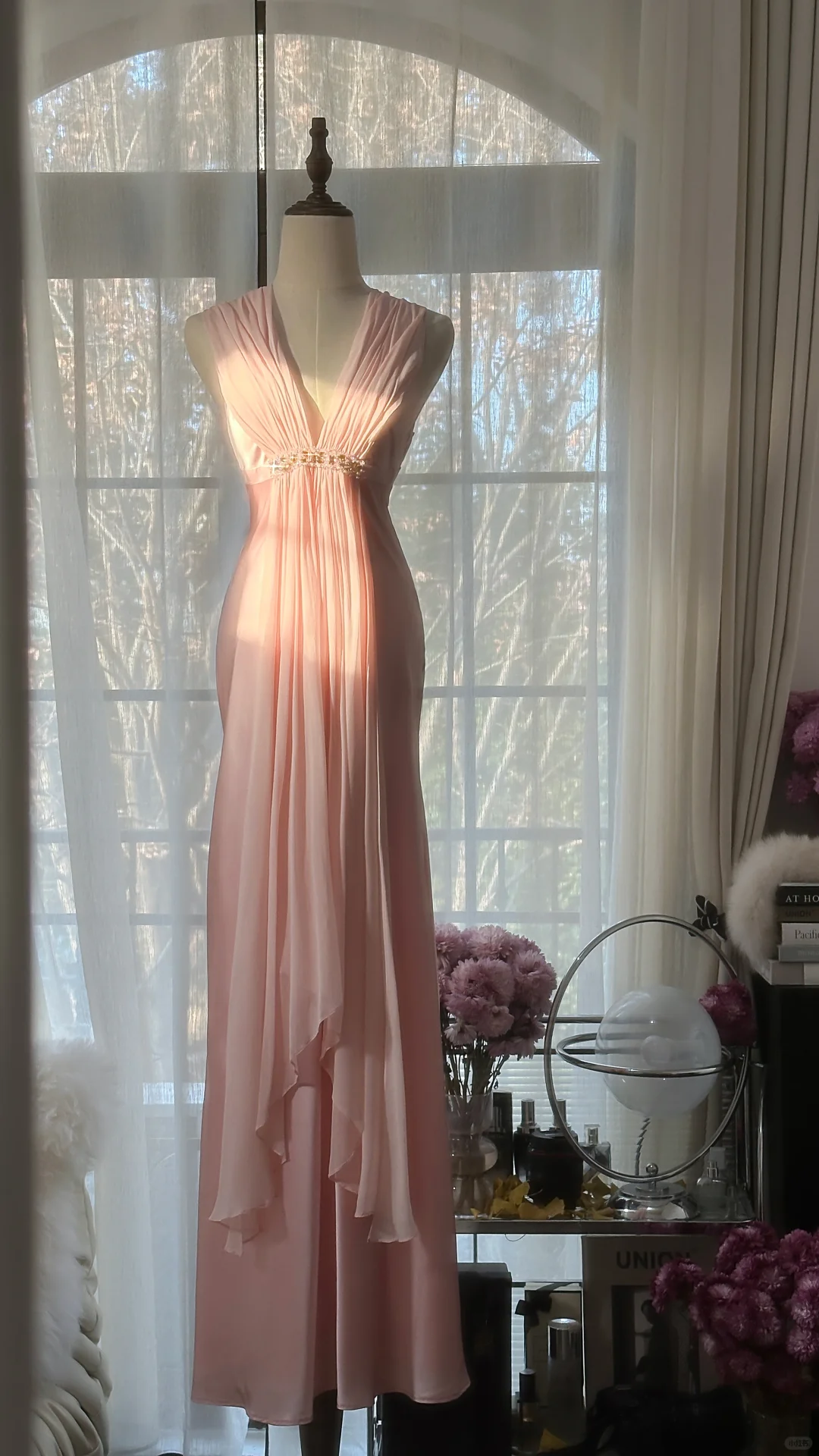 Classy A Line V Neck Beaded Pink Chiffon Satin Long Party Dress Evening Dress DP2471