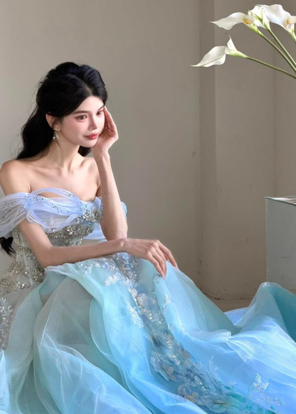 Charming Blue Ombre Ball Gown Exquisite Beaded Organza Prom Dress Quinceanera Dress DP6602