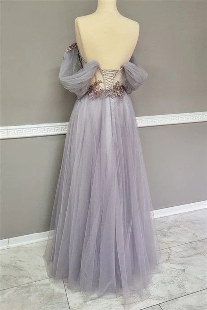 Pink Off The Shoulder Tulle Applique Long Prom Dress Fairy Evening Dress DP098
