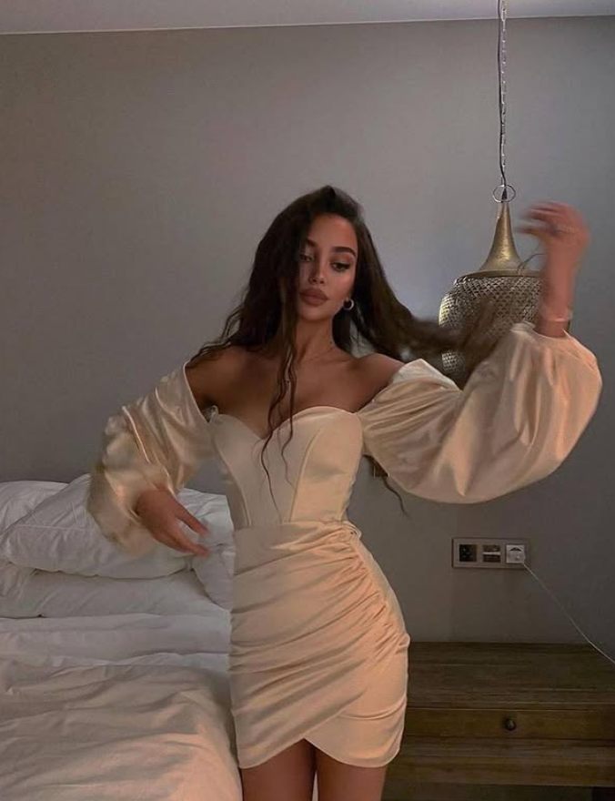 Champagne Sheath Long Sleeve Satin Short Homecoming Dress Cocktail Dress DP3855