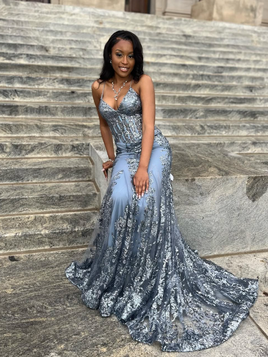 Sparkly Grey Mermaid Sequin Tulle Long Prom Dresses Sexy Formal Evening Dress DP3070