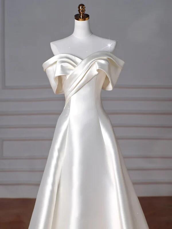 White Off The Shoulder Satin A Line Long Prom Dress DP030