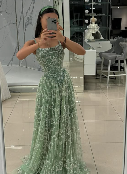 Glamour Green A Line Straps Shiny Beaded Tulle Long Prom Dress Evening Dress DP6060