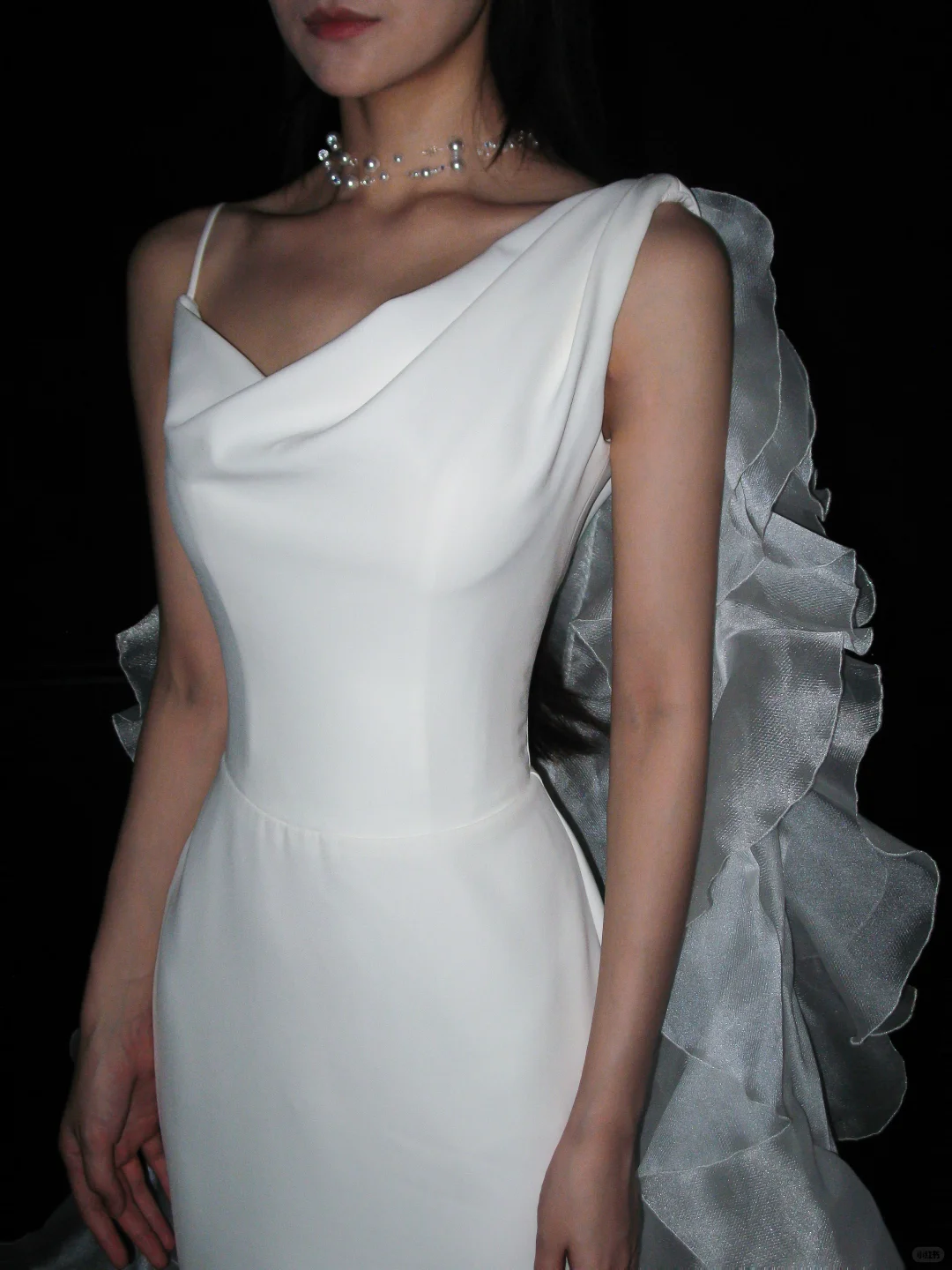 Unique A Line Spaghetti Strap White Ruffle Tulle Satin Long Train Wedding Dress DP8102