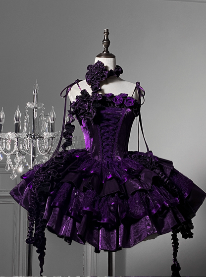 White Roses Neckline Lolita Goth Boning Dress Sequins Tiered Ruffle Dress DP4494