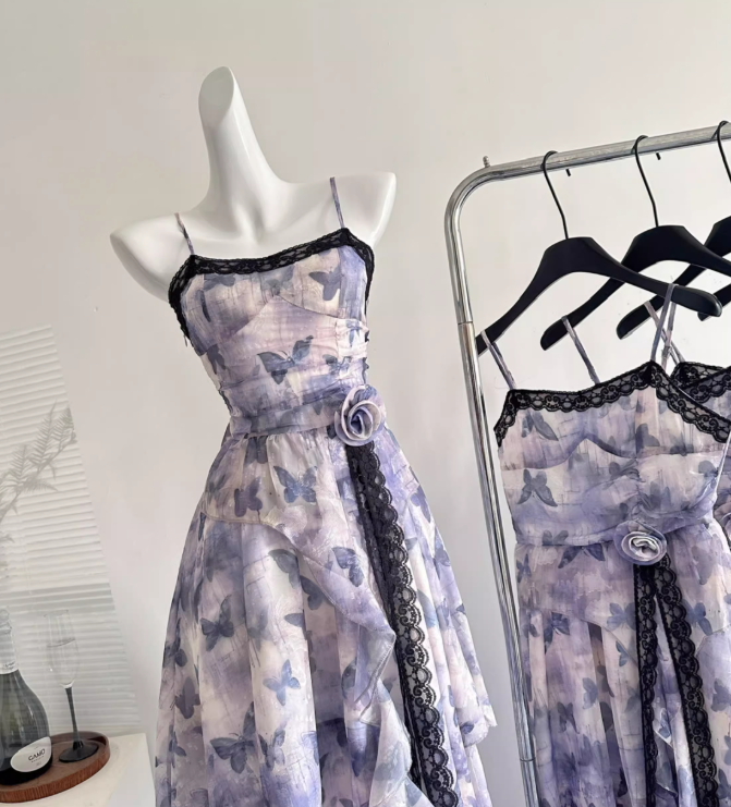 Purple Butterfly A Line Spaghetti Strap Ruffle Chiffon Vacation Dress Summer Dress Outfits DP3559