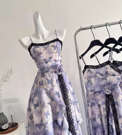 Purple Butterfly A Line Spaghetti Strap Ruffle Chiffon Vacation Dress Summer Dress Outfits DP3559