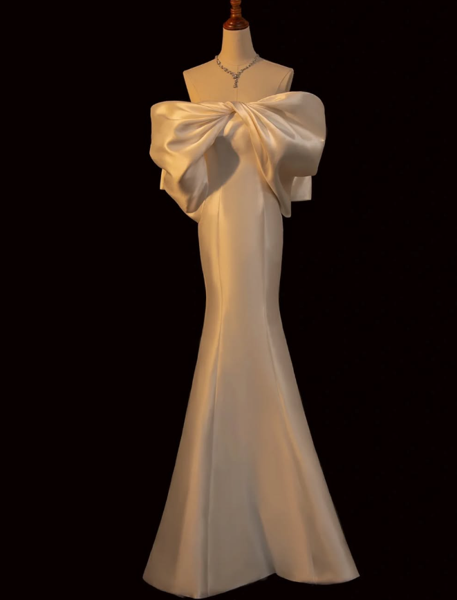 Elegant Mermaid Off the Shoulder Bow White Satin Party Dress Wedding Guest Dresses DP2356