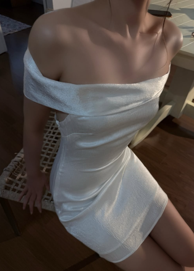 Pearl White A Line Off the Shoulder Satin Short Prom Dress Homecoming Dress DP7930