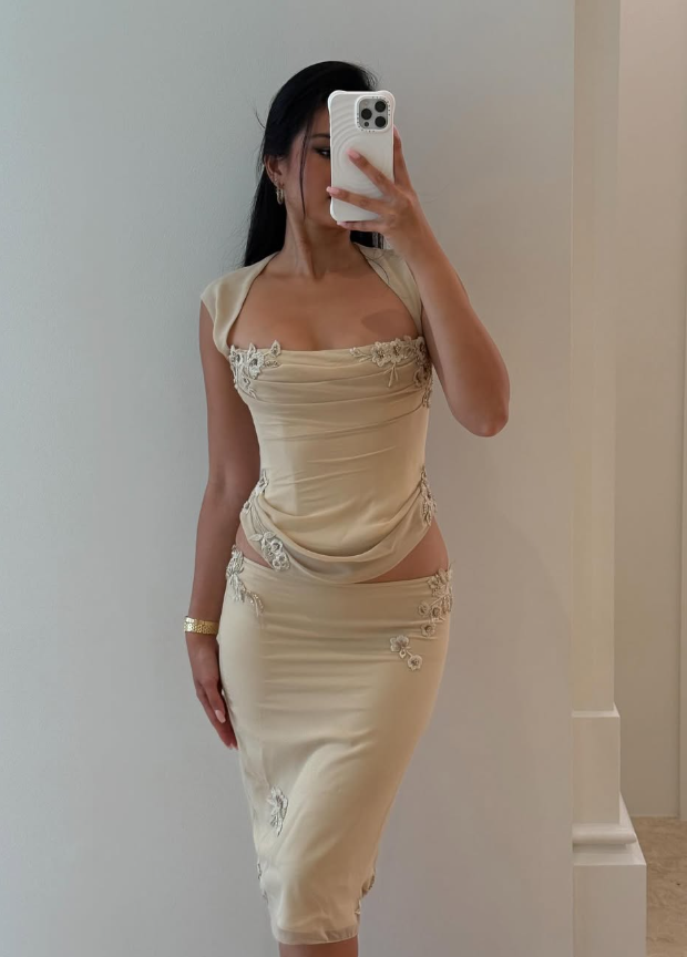 Apricot Sheath Two Piece Appliques Chiffon Short Homecoming Dress Outfits DP5120