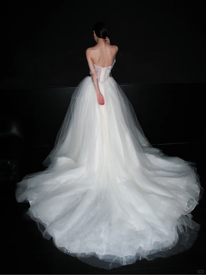 Luxurious White Pearl A Line Straps Tulle Long Wedding Dress DP8085