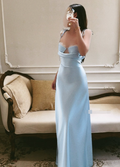 Baby Blue A Line Spaghetti Strap Lace Satin Prom Dress Evening Dress DP7949