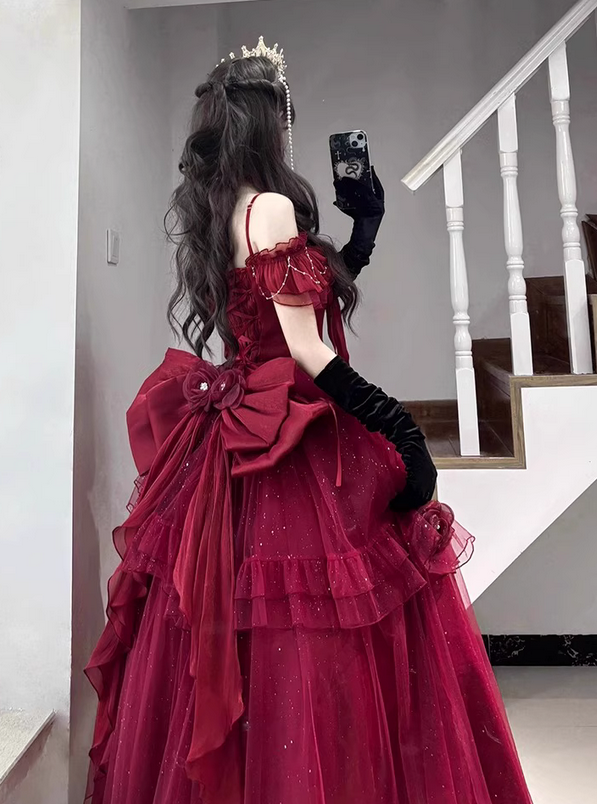 Burgundy Ball Gown Straps Pearls Sequin Tulle Prom Dress 16th Birthday Dress DP4502
