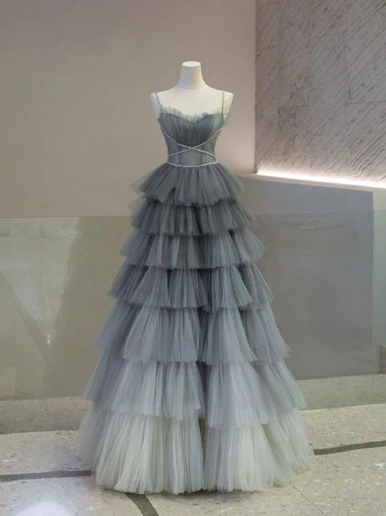 Gray Spaghetti Straps Long Prom Dress Tulle Evening Dress Ball Gown DP332