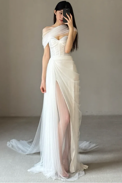 Sweetheart Sleeveless Tulle Pleated Sheer High Slit Mermaid Prom Dress with Train DP7623