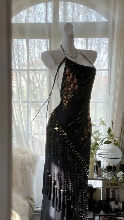 Sexy Black Mermaid Halter Exquisite Beaded Chiffon Prom Dress 21th Birthday Dress DP3902