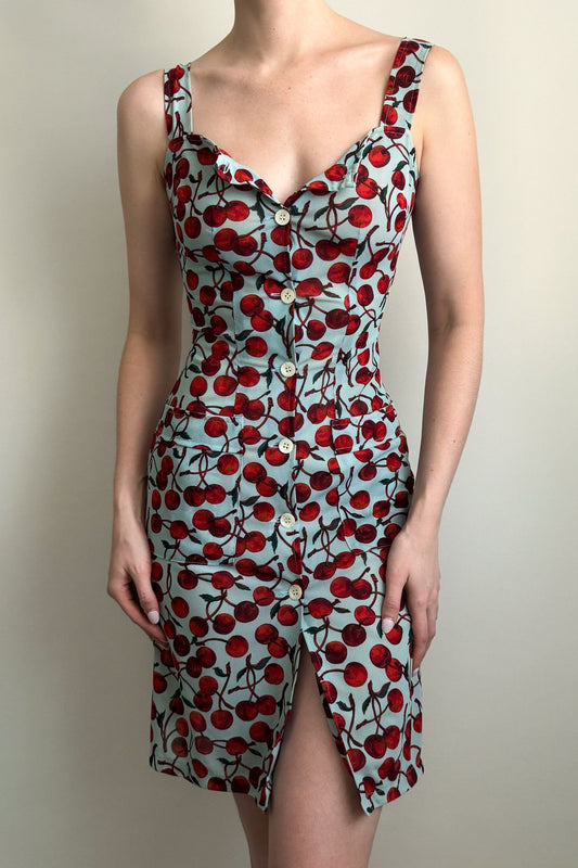 Red Cherry Print Sheath Straps Blue Satin Slit Short Homecoming Dress Cocktail Dress DP5484