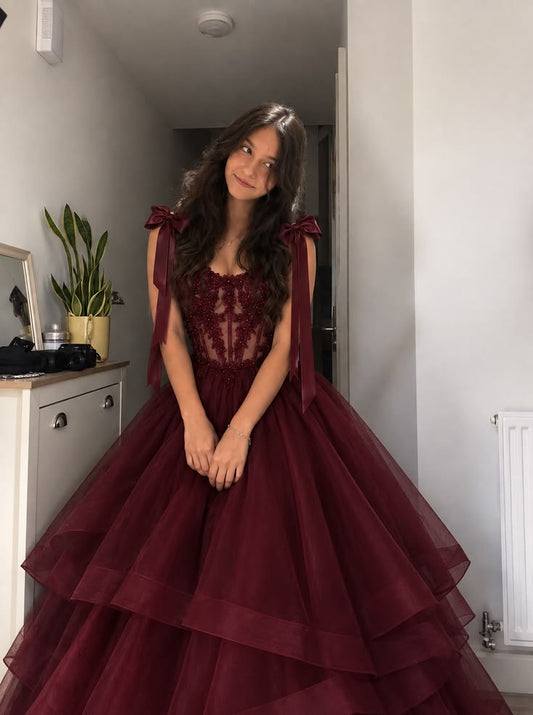 Burgundy A Line Straps Lace Layered Tulle Prom Dress Evening Dress DP7535