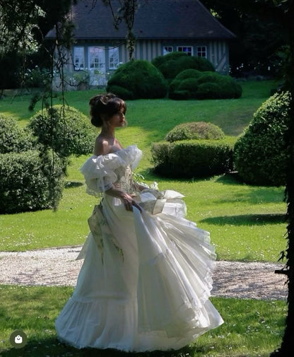 Retro Ball Gown Off the Shoulder White Satin Long Prom Dress Birthday Dress DP3361