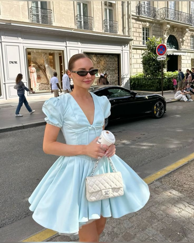Baby Blue A Line Puff V Neck Satin Short Homecoming Dress Outfits DP3341