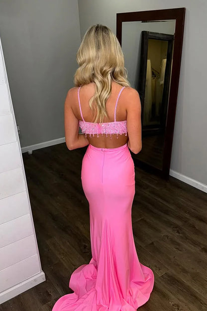 Two Piece Pink Mermaid Straps Beaded Satin Evening Dress Prom Dress DP7674