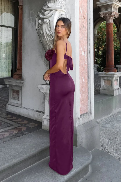 Sexy Sheath Spaghetti Strap Dark Purple Satin Prom Dress Evening Dress DP5574