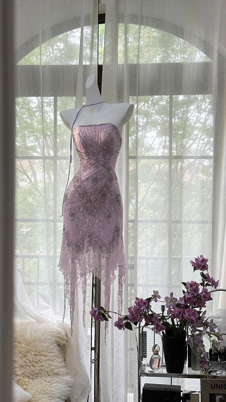 Gentle A Line Strapless Beaded Purple Lace Short Party Dress Evening Dress DP2330