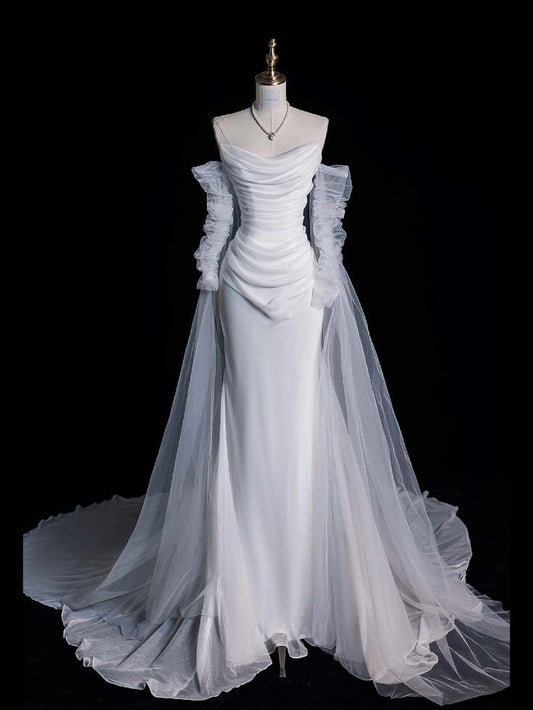 Simple A Line Long Sleeve Pleated Tulle Satin Prom Dress Wedding Dress DP3604