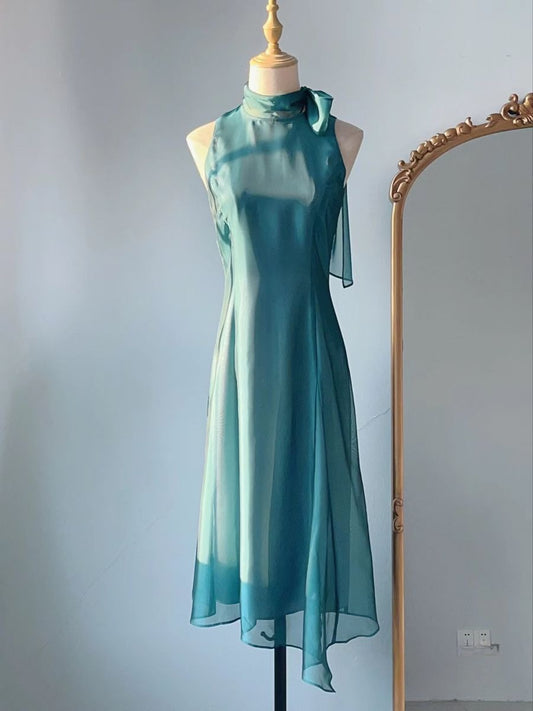 Milky Blue A Line High Neck Bow Chiffon Evening Dress Date Dress Outfits DP3299