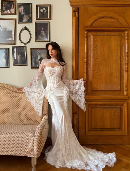 Stunning Two Piece White Sheath Long Sleeve Corset Lace Long Wedding Dress DP6729