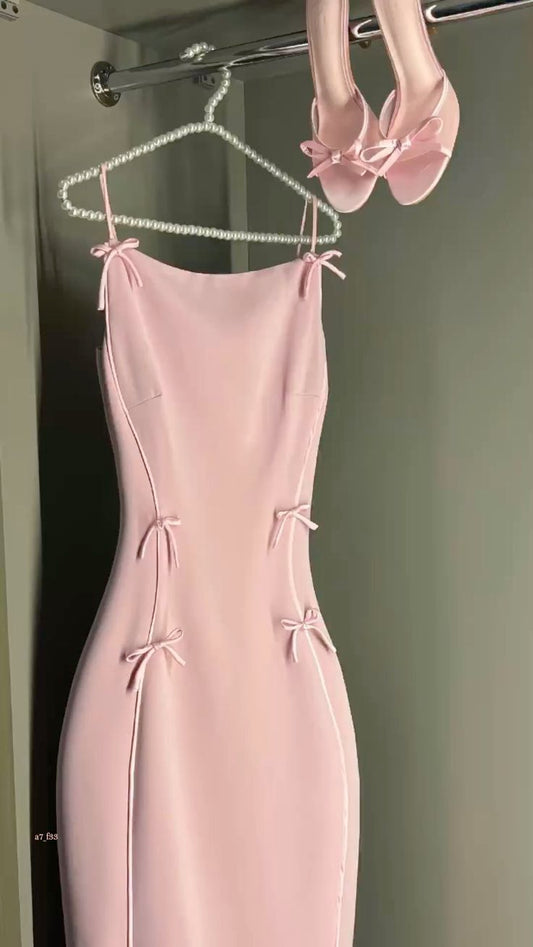 Cute Pink Bow Sheath Spaghetti Strap Satin Prom Dress Evening Dress 16th Birthday Dress DP3954