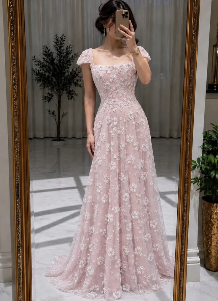 Sweety Pink A Line Exquisite Floral Tulle Long Prom Dress Evening Dress DP6674