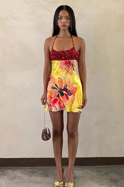 Sexy A Line Straps Red Sequin Print Floral Satin Slim Mini Dress Homecoming Dress DP5363