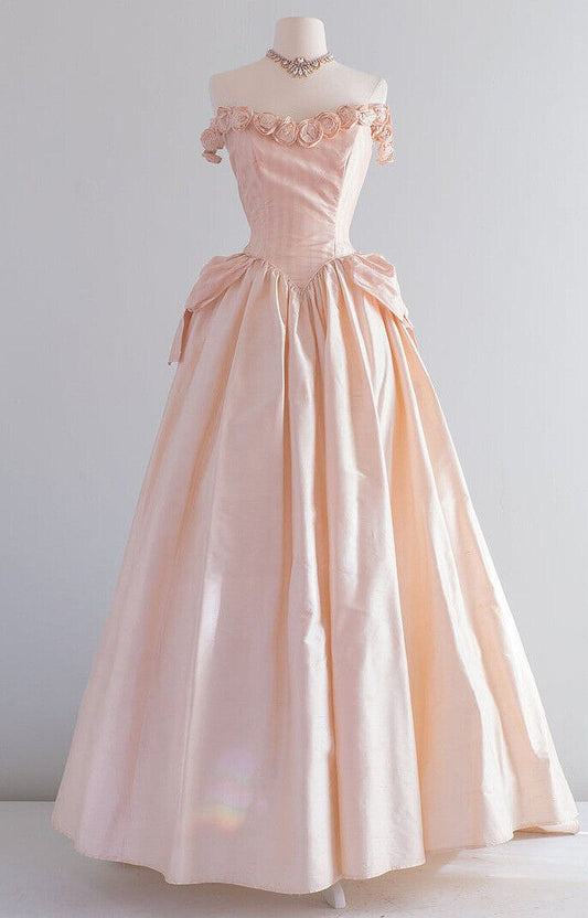 Vintage A Line Off-the-shoulder 3D Flowers Satin Prom Dresses DP824