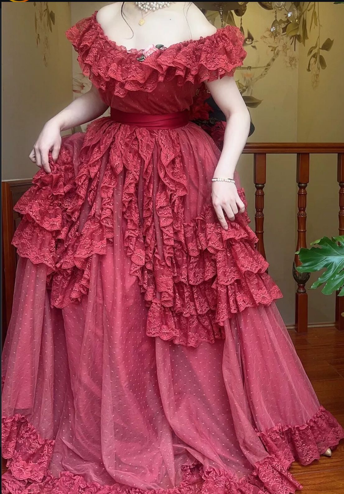Red Ball Gown Off the Shoulder Lace Tulle Long Prom Dress Date Dress DP7026