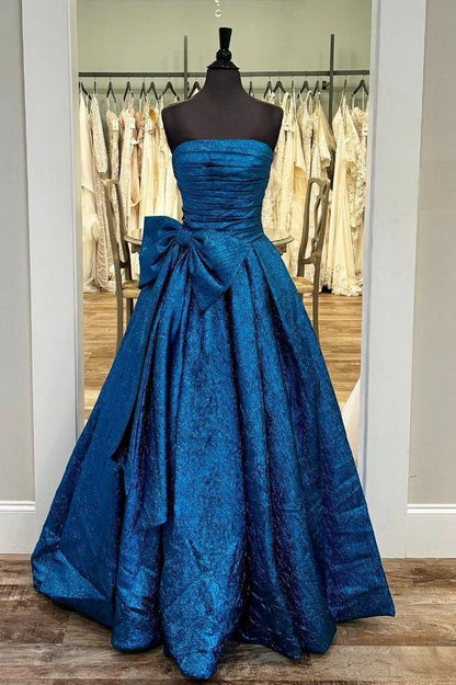 A Line Strapless Ruched Satin Long Prom Dress Evening Dress with Bow DP1181