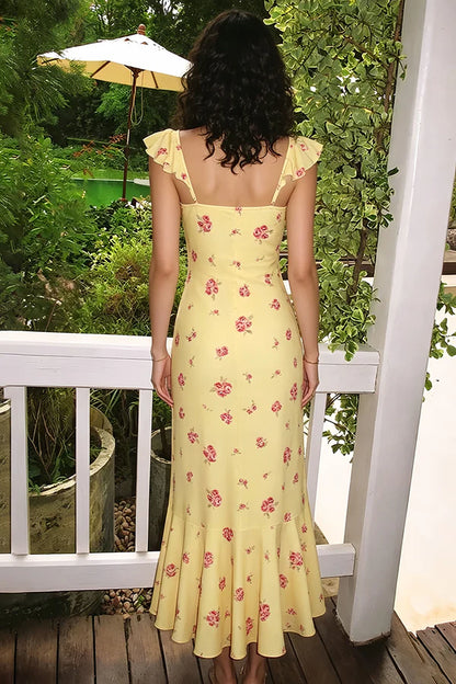 Summer Mermaid Strap Pink Flower Print Yellow Satin Prom Dress Evening Dress DP5573