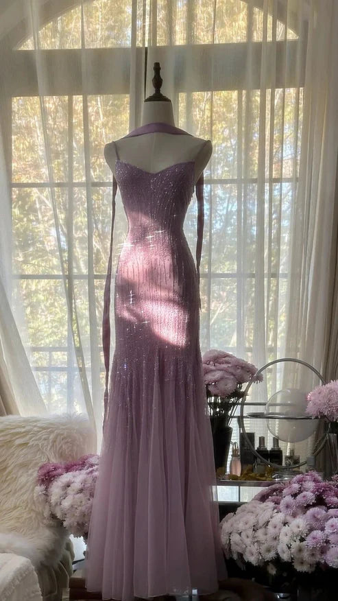 Lilac Mermaid Spaghetti Strap Beaded Chiffon Long Prom Dress Graduation Prom Dress DP5745