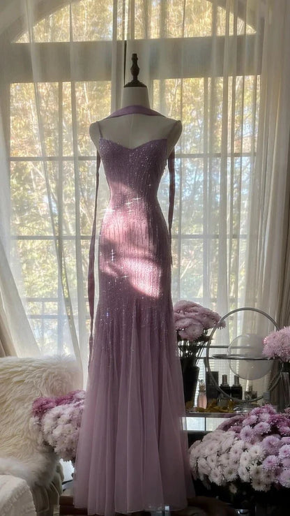 Lilac Mermaid Spaghetti Strap Beaded Chiffon Long Prom Dress Graduation Prom Dress DP5745