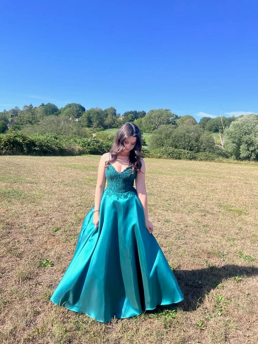 Lake Blue A Line Spaghetti Strap Lace Satin Prom Dress Evening Dress DP8057