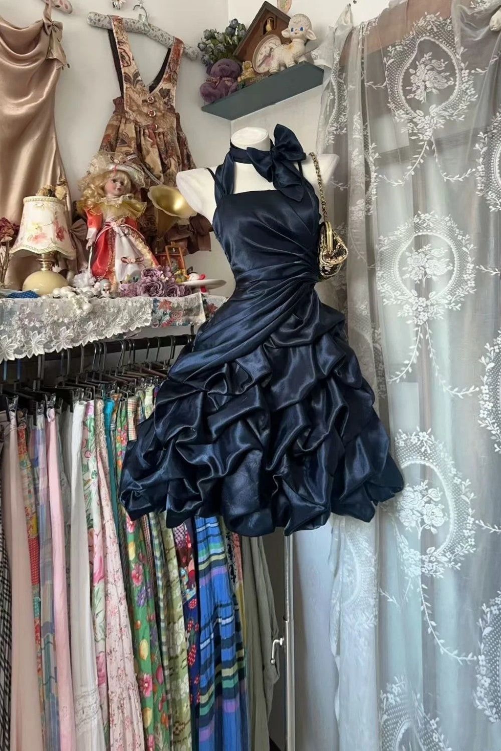Edgy Black Halter Mini Dress | Satin Bow Layered Puff Skirt, Gala Party Gift Outfit for Girls DP4599