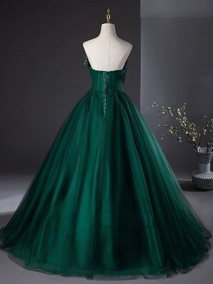 Green A Line Strapless Tulle Ball Gown Prom Dress DP1012