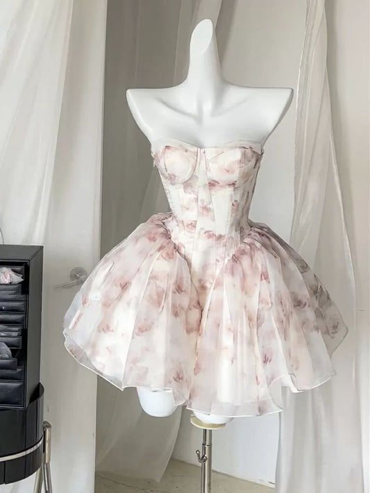 Cute A Line Sweetheart Neck Print Flower Chiffon Short Homecoming Dress Cocktail Dress DP2637