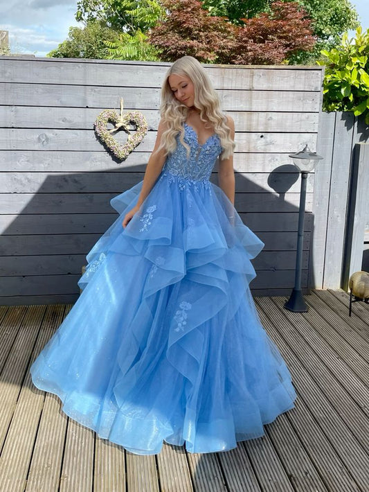 Blue Ball Gown Spaghetti Strap Lace Appliques Ruffle Tulle Prom Dress Evening Dress DP8043
