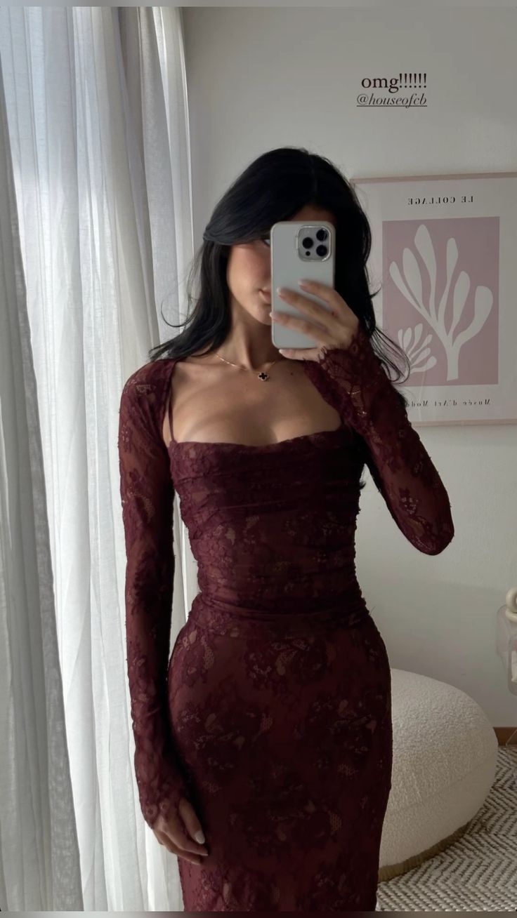Two Piece Sheath Long Sleeve Dark Burgundy Lace Prom Dress Evening Dress DP6708