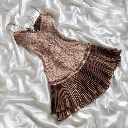 Brown A Line Spaghetti Strap Lace Short Homecoming Dress Outfits DP1306
