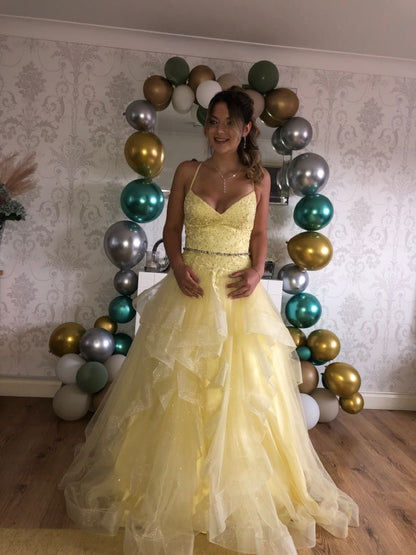 Yellow Ball Gown Spaghetti Strap Appliques Organza Prom Dress Formal Dress Party Dress DP3518