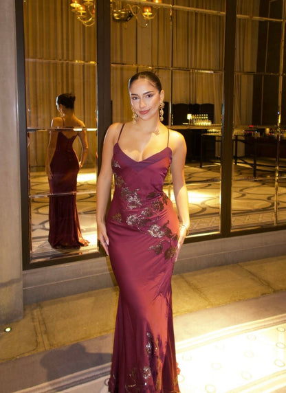 Dark Burgundy Mermaid Strap Sequin Beaded Satin Long Prom Dress DP7783