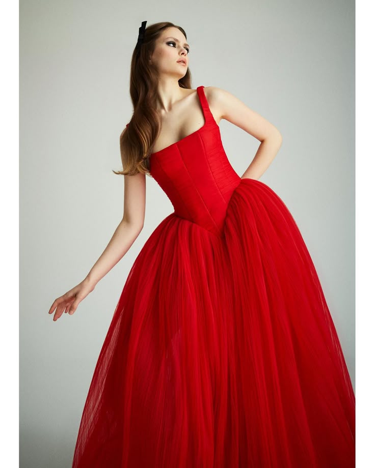 Stunning A Line Strap Red Tulle Long Party Dress Evening Dress DP2428
