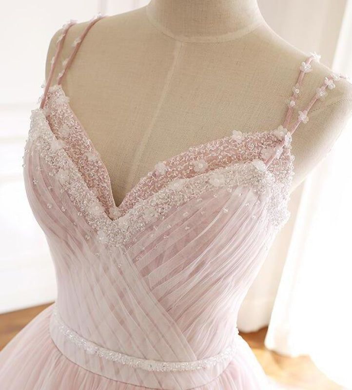 Light Pink A Line Beaded Appliques Tulle Prom Dress Evening Dress DP973